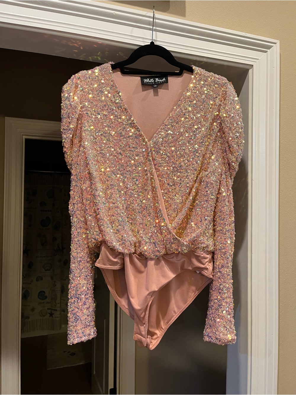 white birch Pink Iridescent Sequin Wrap Long-Sleeve Bodysuit